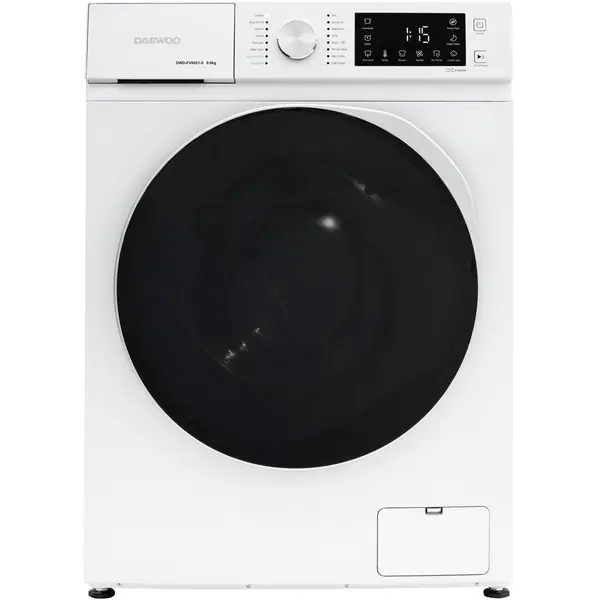 Daewoo Masina de spalat rufe Daewoo DWD-FV9021-5, 9 kg, motor inverter, 1400 rpm, clasa A-30%, 16 programne, butoane touch, usa dubla neagra (PC Cover), culoare Alb