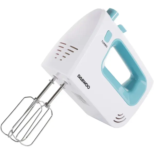 Daewoo Mixer de mana Daewoo, putere 300 W, functie Turbo, 5 viteze, accesoriu framantare, palete amestecare, carcasa ABS, culoare turcoaz