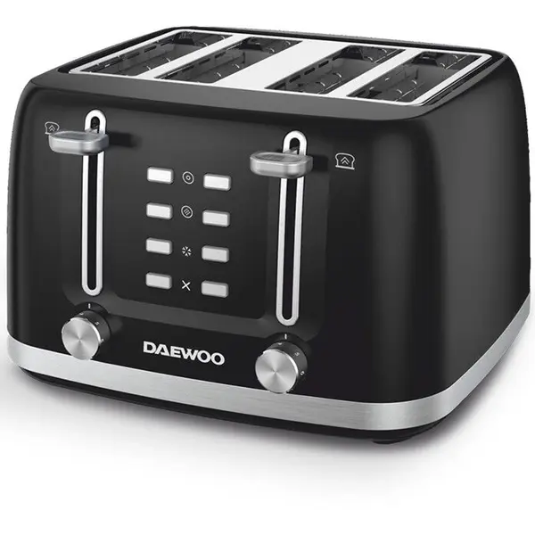 Daewoo Prajitor de paine Daewoo DBT4160B, putere 1600 W, capacitate 4 felii, tavita de firimituri, functii: waffles, reincalzire, decongelare, anulare, control electronic rumenire, carcasa inox, Negru