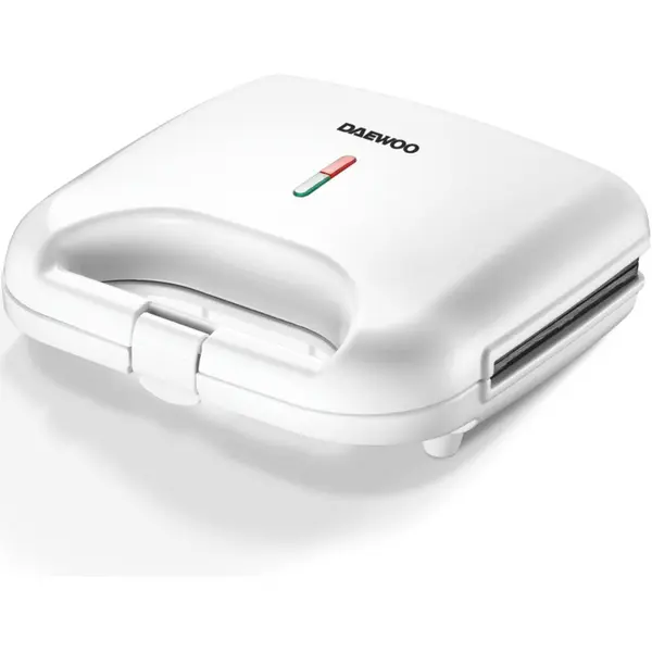 Daewoo Sandwich maker Daewoo DSM25W, 800 W, placi neaderente, incalzire controlata prin termostat, maner CoolTouch, clapeta de blocare, indicator luminos incalzire, Alb