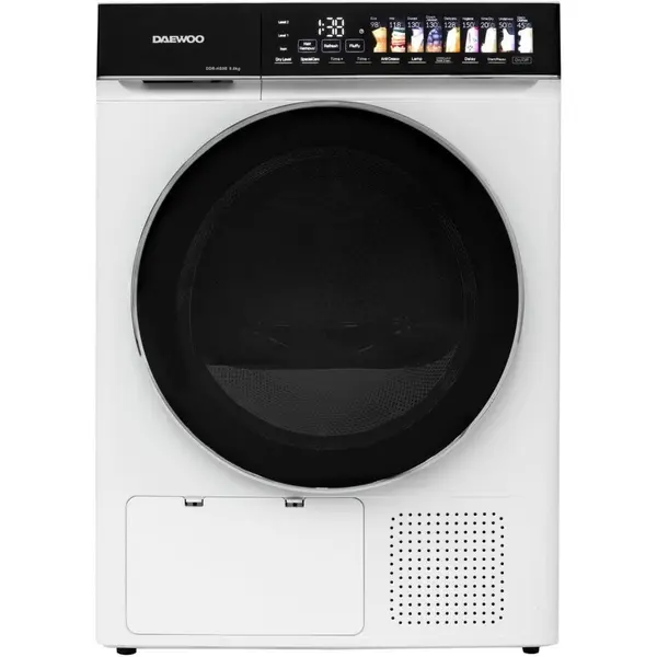 Daewoo Uscator de rufe Daewoo DDR-HS9E, 9 kg, Pompa de caldura, Clasa E, Butoane touch, Panou de control negru cu pictograme mari colorate, usa dubla neagra cu inel cromat, Alb
