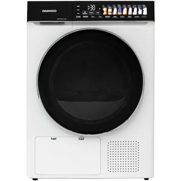 Daewoo Uscator rufe Daewoo DDR-HS9E-1, 9 kg, pompa de caldura, clasa E, butoane touch, panou de control negru cu pictograme mari colorate, usa dubla neagra cu inel cromat, Alb