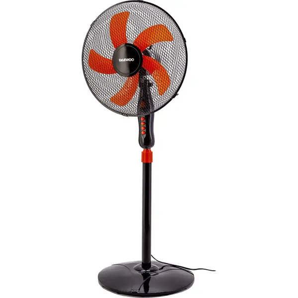 Daewoo Ventilator cu picior Daewoo DDV166, 50 W, 40 cm, 3 trepte de putere, inaltime reglabila pana la 125 cm, gril frontal de protectie, oscilare la 90 grade, baza stabila, Negru/Orange