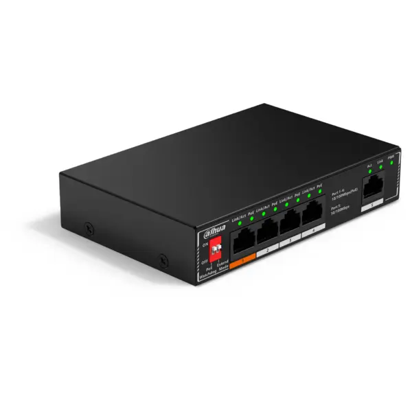 Dahua Switch desktop Dahua SF1005P, neadministrat, 5 porturi cu PoE pe 4 porturi, Negru