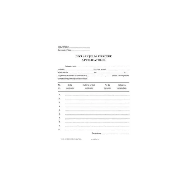 Declarație de pierdere a publicațiilor A5 set 50 bucăți Declarație de pierdere a publicațiilor A5 set 50 bucăți