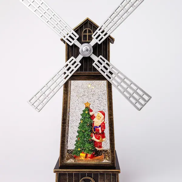 Decoratiune Craciun, Figurina Moara de Vant cu Mos Craciun, functie muzicala, zapada in miscare, cu baterii, Negru/Auriu, 3 Modele