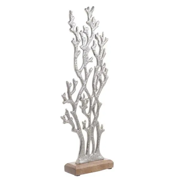 decoratiune de birou in forma de coral din aluminiu si lemn, argintiu, 16x5x44 cm