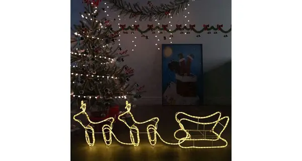 Decoratiune de Craciun cu reni si sanie, 576 leduri, exterior