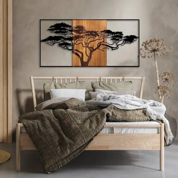 Decoratiune de Perete Lemn Acacia Tree, Negru, 70x147 cm