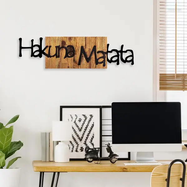 Decoratiune de perete lemn Hakuna Matata 4, Negru, 30x108 cm