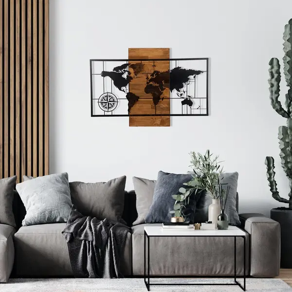 Decoratiune de perete lemn Harta Lumea, Negru, 85x58 cm