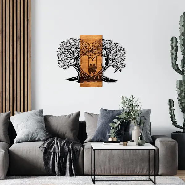Decoratiune de perete lemn inima copacului, Negru, 76x58 cm