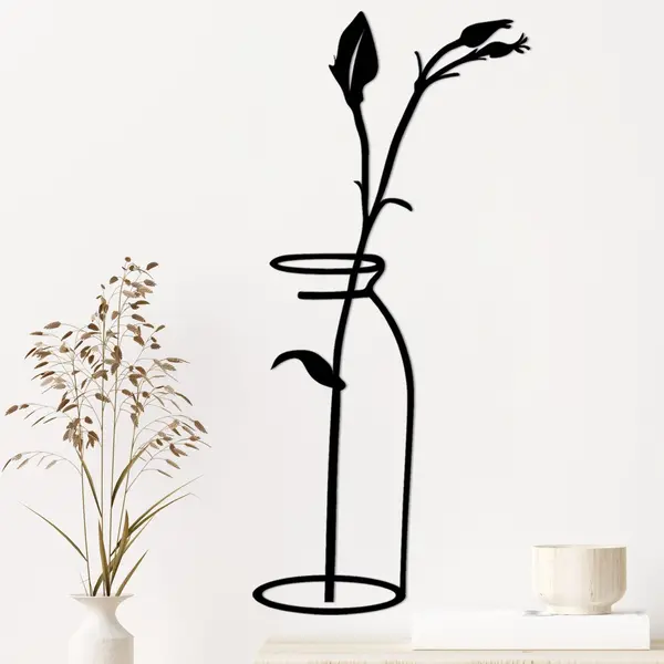 Decoratiune de perete Metal Flower In The Vase, Negru, 71x33 cm