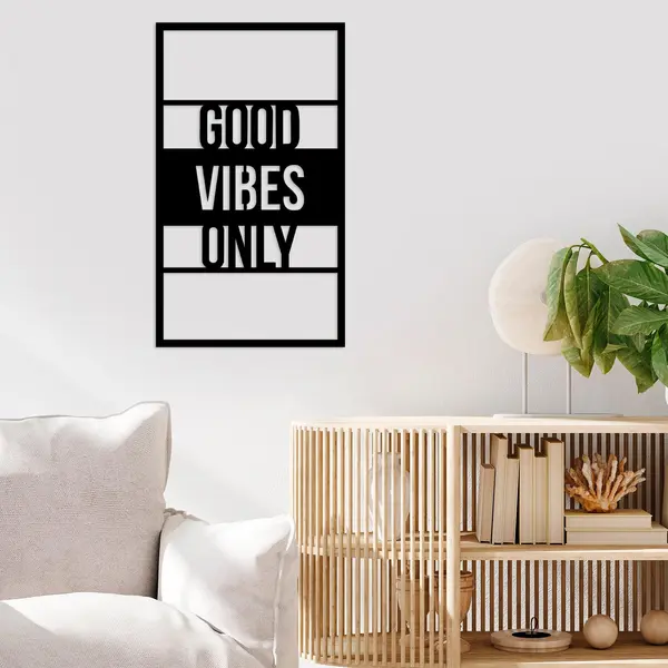 Decoratiune de perete Metal Good Vibes Only, Negru, 68x40 cm