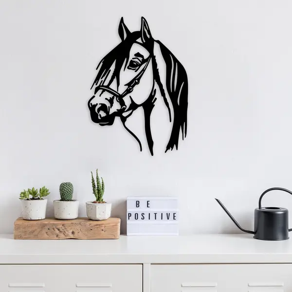 Decoratiune de perete Metal Horse Head, Negru, 55x40 cm