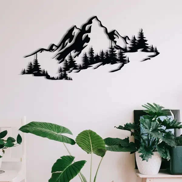 Decoratiune de perete Metal Mountain 3, Negru, 30x67 cm