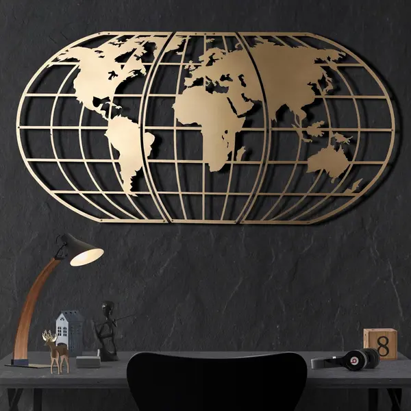 Decoratiune de perete Metal World Map Globe - Gold, Aur, 120x60 cm
