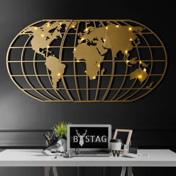 Decoratiune de perete Metal World Map Globe Led - Gold, Aur, 120x60 cm