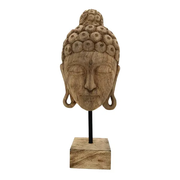 Decoratiune masa Buddha Mask din lemn mango Natural si fier, 20x18x48 cm