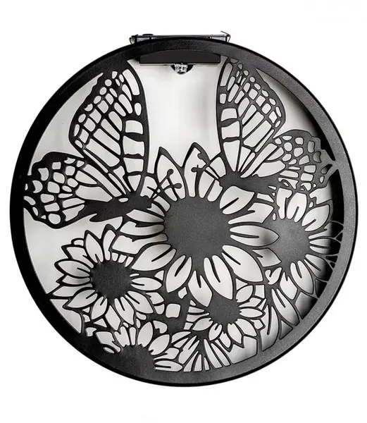 Decoratiune solara metalica neagra Floarea-soarelui si fluturi pentru exterior, O25.5 cm