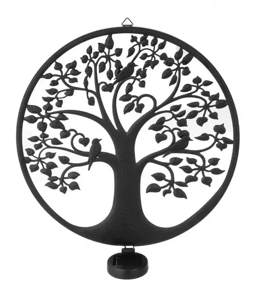 Decoratiune suspendabila solara metalica neagra Copac cu pasari, O40 cm
