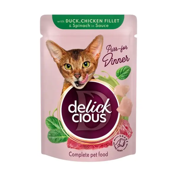 DELICKCIOUS Dinner, Rață și Pui, plic hrană umedă pisici, (în sos), 85g