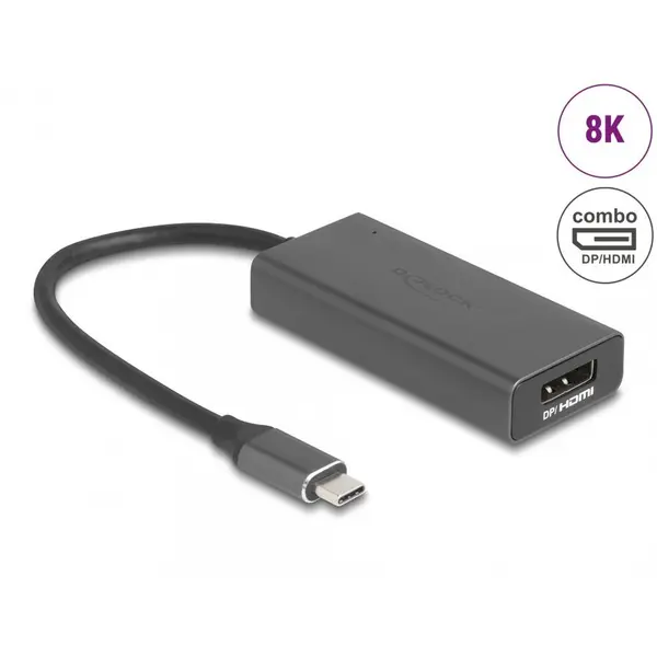 Delock Adaptor Delock 64316, USB-C la combo HDMI / DisplayPort, 8K, carcasa aluminiu, lungime cablu 15 cm, Gri