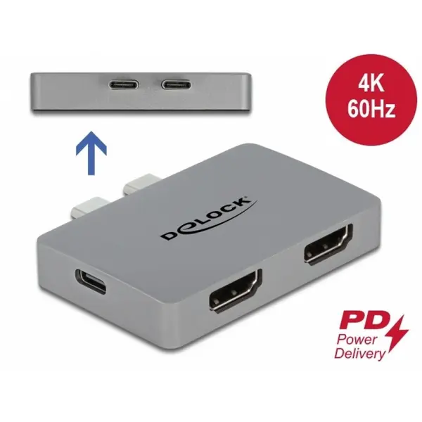 Delock Adaptor pentru MacBook 2 x USB type C la 2 x HDMI 4K60Hz + 1 x USB-C PD 100W, Delock 64123