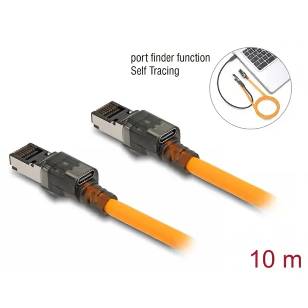 Delock Cablu de retea Delock 80418, RJ45, Cat.6A S/FTP T-T, cu port finder Self Tracing USB-C, 10m, Portocaliu