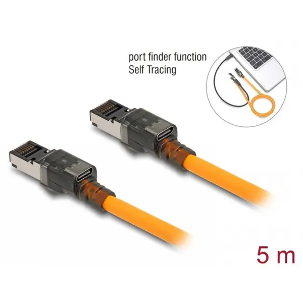 Delock Cablu de retea RJ45 Cat.6A S/FTP T-T cu port finder Self Tracing USB-C 5m Orange, Delock 80413