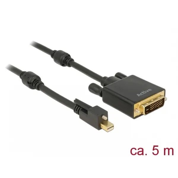 Delock Cablu mini Displayport 1.2 cu surub la DVI 4K 30 Hz Activ 5m T-T negru, Delock 85637