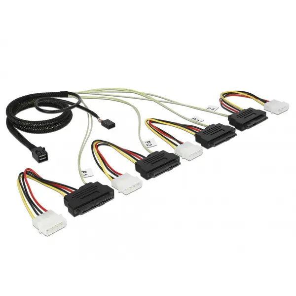 Delock Cablu Mini SAS HD SFF-8643 la 4 x SAS SFF-8482 + power + Sideband 1m, Delock 83391