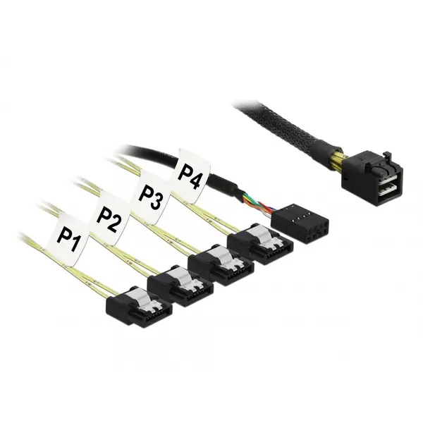 Delock Cablu Mini SAS HD SFF-8643 la 4 x SATA 7 pini Reverse + Sideband 1m, Delock 83322
