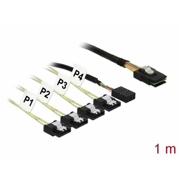 Delock Cablu Mini SAS SFF-8087 > 4 x SATA 7 pin Reverse + Sideband 1m, Delock 83319
