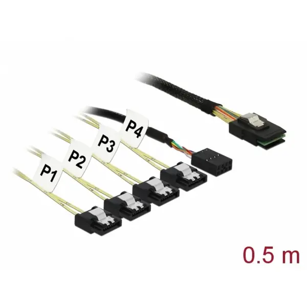 Delock Cablu Mini SAS SFF-8087 > 4 x SATA 7 pin Reverse + Sideband 0.5m, Delock 83318