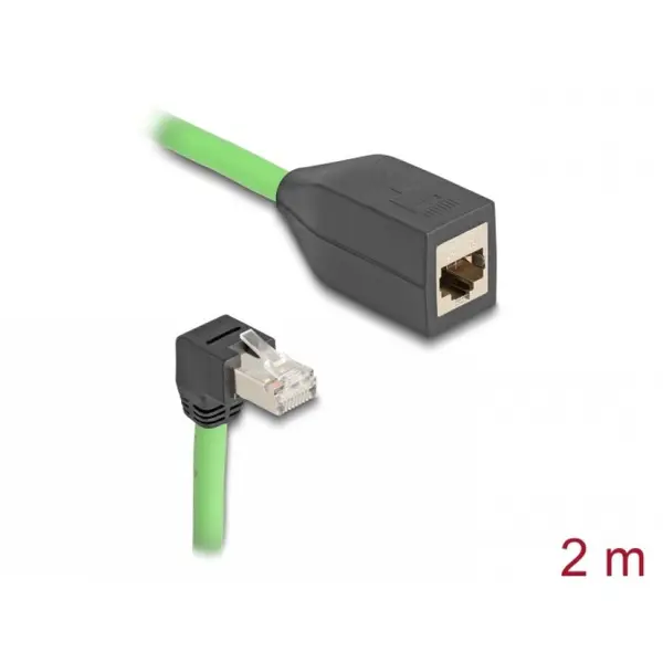 Delock Cablu prelungitor de retea RJ45 Cat.6A SFTP drept/unghi jos TPU 2m Verde pentru medii industriale, Delock 80887