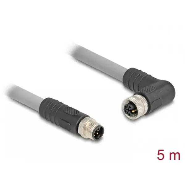 Delock Cablu prelungitor M12 L-coded 5 pini PUR/medii industriale T-M drept/unghi, 5m, Delock 80545, Gri