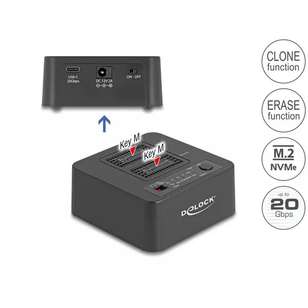 Delock Docking station pentru 2 x M.2 NVMe PCIe SSD cu functie de Clona/Erase, Delock 64300