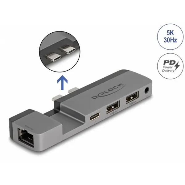Delock Docking Station pentru MacBook Pro/MacBook Air 2 x Thunderbolt4 la 1 x Thunderbolt4 5K30Hz/2 x USB-A/Gigabit LAN/jack 3.5mm 4 pini/PD 100W, Delock 87757