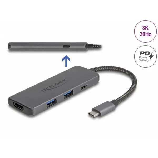 Delock Docking Station USB 3.1 type C la HDMI 8K30Hz HDR + 2 x USB-A + 1 x USB-C + PD 3.0 100W, Delock 87804