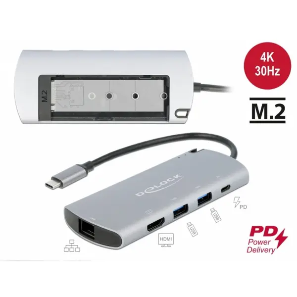 Delock Docking station USB-C la 4K HDMI / USB / LAN / PD 3.0 + M.2 SATA SSD, Delock 87767
