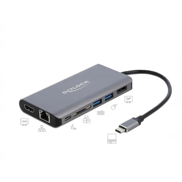 Delock Docking Station USB-C la HDMI 4K, Displayport, 2 x USB 3.0, SD slot, Gigabit LAN, PD 3.0, Delock 87683