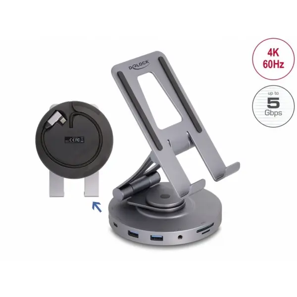 Delock Docking station USB-C la HDMI 4K60Hz/1xUSB-C+2xUSB-A/SD+MicroSD/PD 60W + suport integrat masa tableta/laptop, Delock 88017