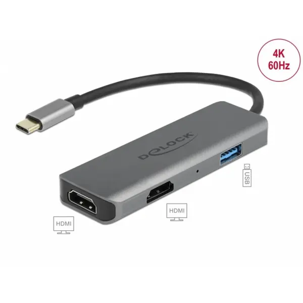 Delock Docking station USB type C la 2 x HDMI 4K60Hz MST + 1 x USB-A, Delock 87780
