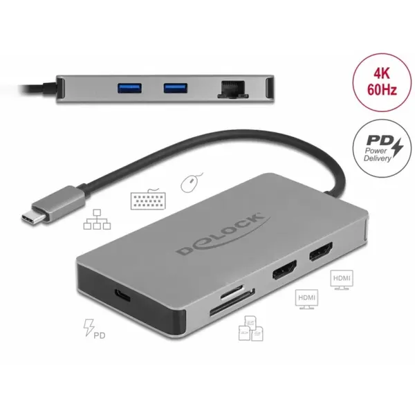 Delock Docking station USB type C la Dual HDMI MST 4K / USB 3.2 / SD / LAN / PD 3.0, Delock 87004