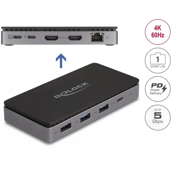 Delock Docking station USB type C la Dual HDMI MST 4K60Hz/USB/Gigabit LAN/PD 3.0 85W, Delock 88271