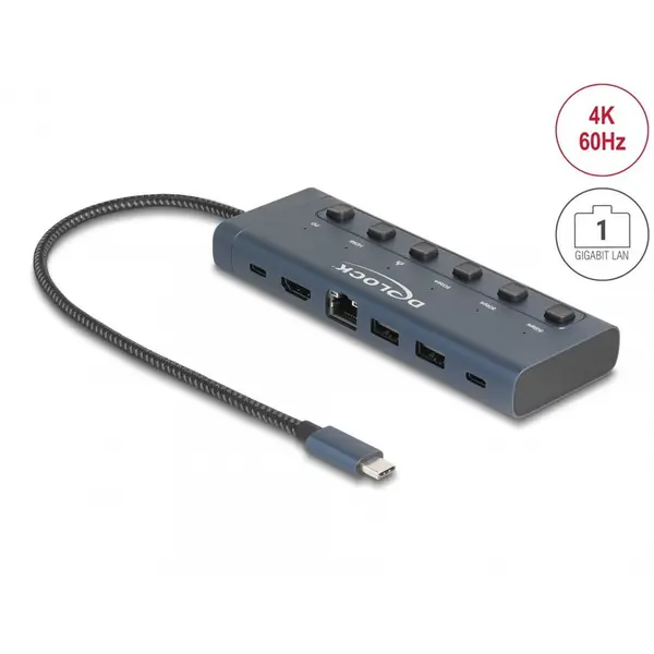 Delock Docking Station USB type C la HDMI 4K60Hz / 2 x USB-A / 1 x USB-C / Gigabit LAN / PD 3.0 90W, Delock 92000