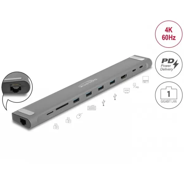 Delock Docking station USB Type C la HDMI 4K60Hz / USB 3.2 Gen 1 / LAN / SD / PD 3.0, Delock 87895