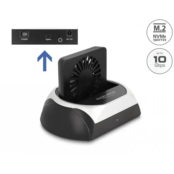 Delock Docking station USB type C pentru HDD/SSD SATA 2.5+3.5 sau M.2 NVMe PCIe + SATA cu ventilator, Delock 64280