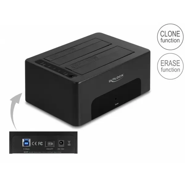 Delock Dual docking station 2 x SATA HDD/SSD Functie de clona/Erase, Delock 64187
